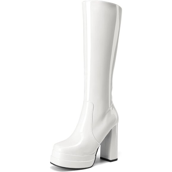 ⚡Women's White pat Faux Leather Platform Heeled Knee High Long Chunky Tall Boot - Picture 1 of 7